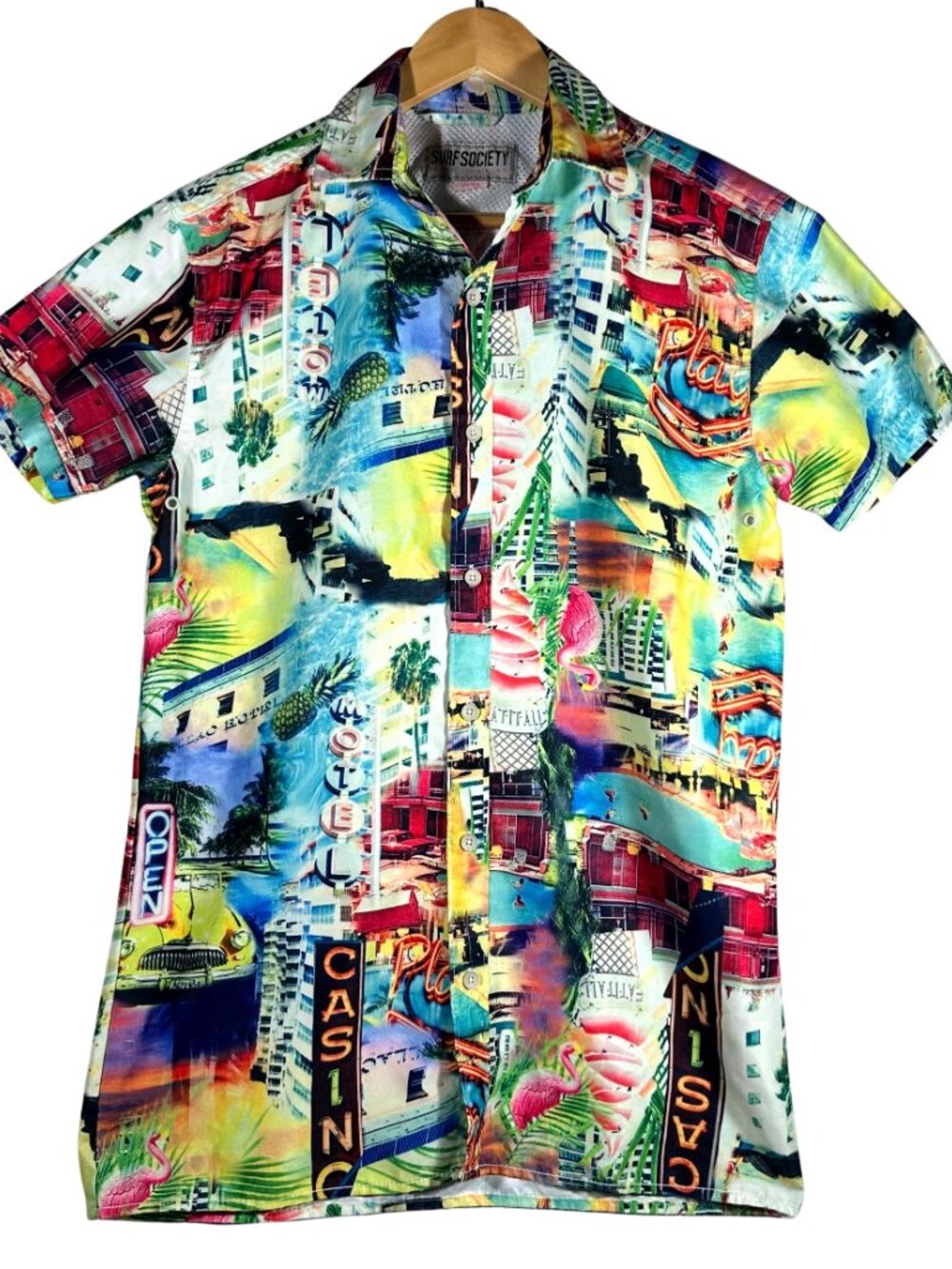 Surf Society Mens Small Miami Casino Flamingo Hawaiian Shirt Tropical Vacation